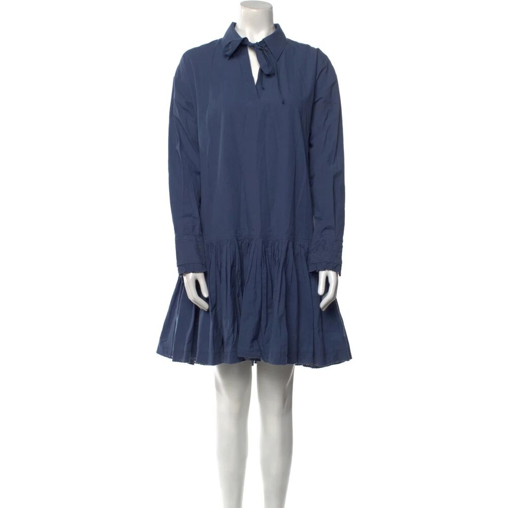 See by Chloé Blue Pleated Eyelet Embroidered Mini Dress Size US 4